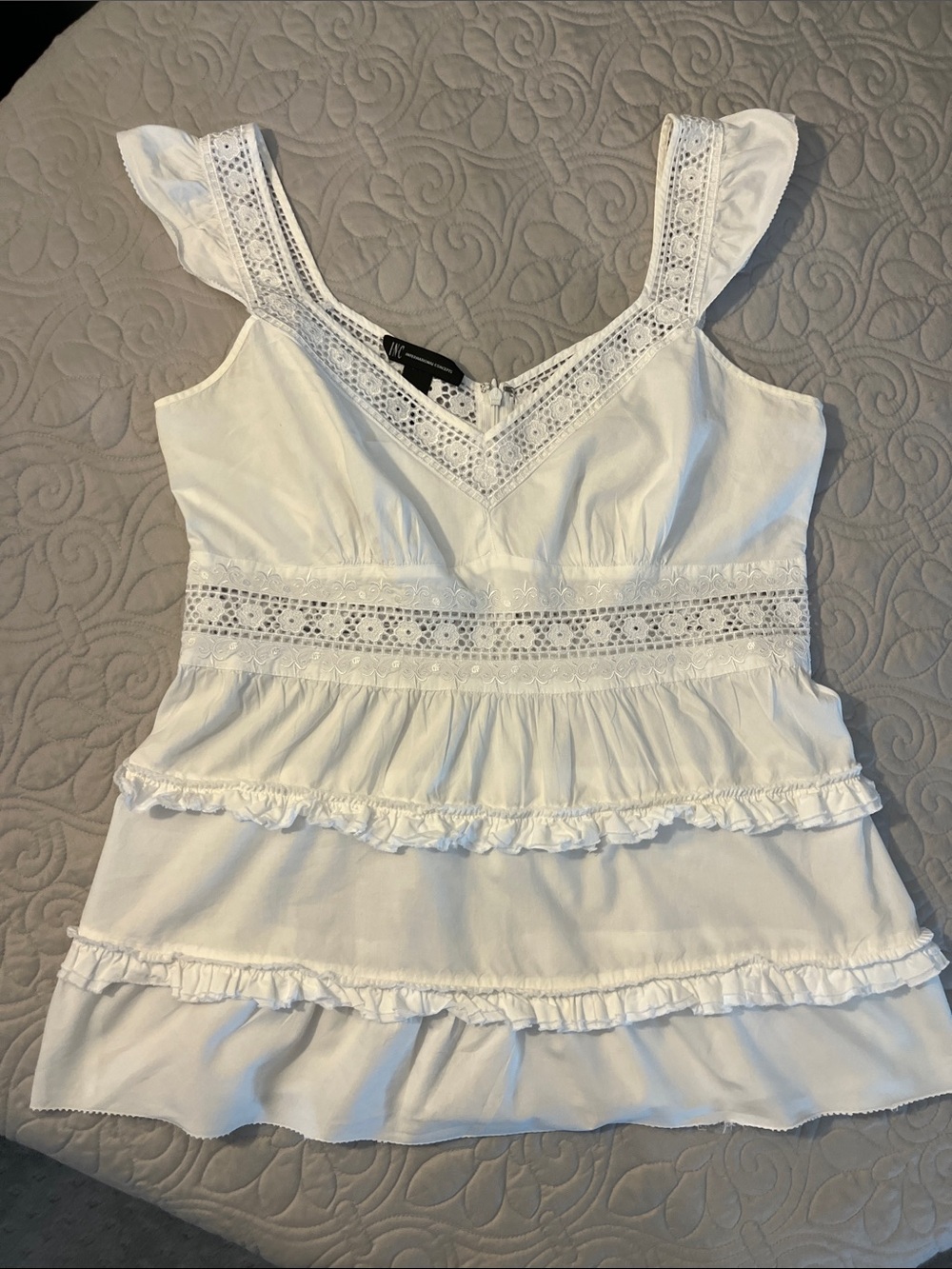 INC International Concepts White Lace-Trim Tiered Ruffle Camisole Top